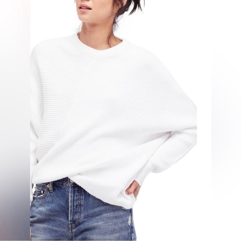 Free People Asymmetrical Hem Drop Shoulder White Sweater Size S